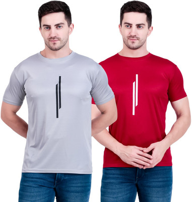 OCTOVEEJ Solid Men Round Neck Maroon, Grey T-Shirt