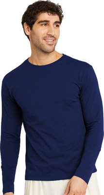 OrrganicChics Solid Men Round Neck Navy Blue T-Shirt