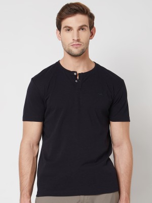 MUFTI Solid Men Henley Neck Navy Blue T-Shirt