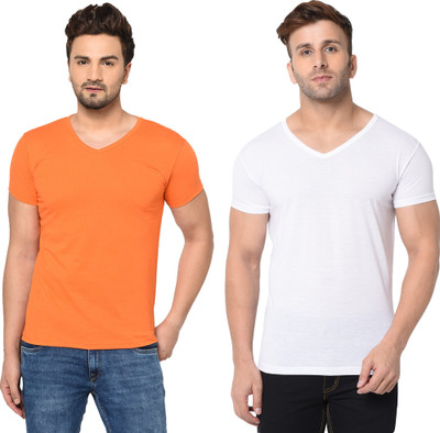 Adorbs Trend Solid Men V Neck White, Orange T-Shirt