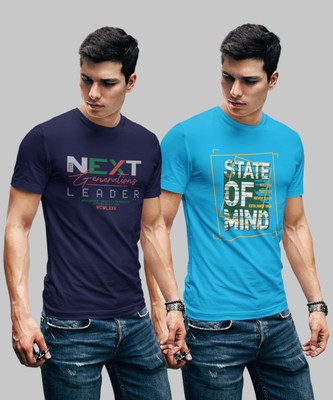 JILZ Printed Men Round Neck Light Blue, Navy Blue T-Shirt