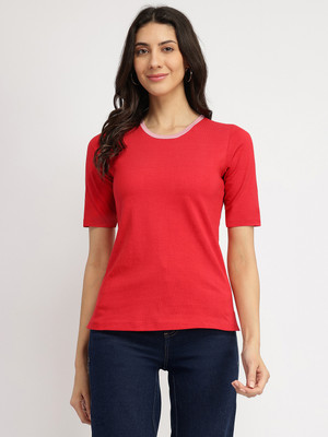 Fable Street Solid Women Round Neck Red T-Shirt