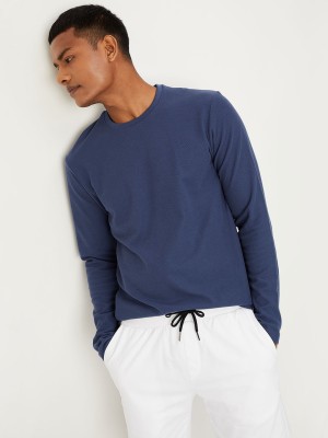 MAX Solid Men Round Neck Blue T-Shirt