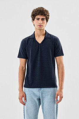 Snitch Solid Men V Neck Navy Blue T-Shirt