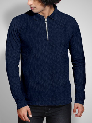 FTX Solid Men Polo Neck Navy Blue T-Shirt