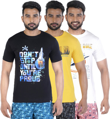 COLORS by Rupa Frontline Printed Men Round Neck Black, Yellow, White T-Shirt