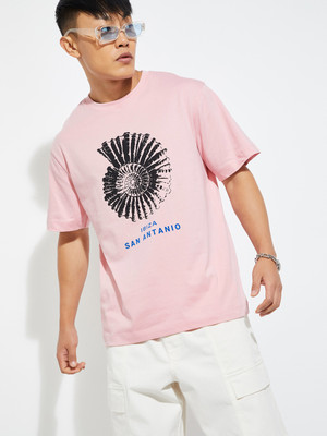 MAX Printed Men Round Neck Pink T-Shirt