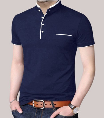 Reya Solid Men Mandarin Collar Blue T-Shirt