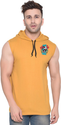 GEUM Solid, Printed Men Hooded Neck Gold T-Shirt