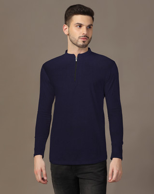 BEYOU FASHION Solid Men Mandarin Collar Navy Blue T-Shirt