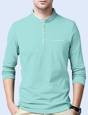 AUSK Solid Men Mandarin Collar Light Blue T-Shirt