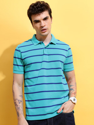 HIGHLANDER Striped Men Polo Neck Blue T-Shirt