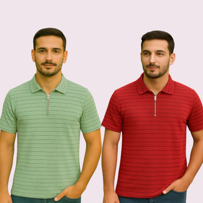 METRONAUT Striped Men Polo Neck Light Green, Red T-Shirt