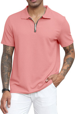 FATICHAR Self Design Men Zip Neck Pink T-Shirt
