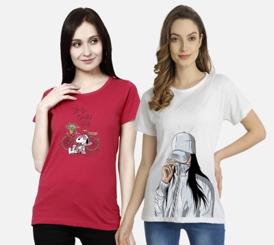 CHOZI Printed Women Round Neck White, Red T-Shirt