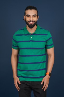 Hopping Deer on Redline Striped Men Polo Neck Green, Blue T-Shirt