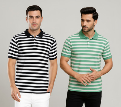 cnw Striped Men Polo Neck Multicolor T-Shirt
