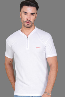 Conway Self Design Men Mandarin Collar White T-Shirt