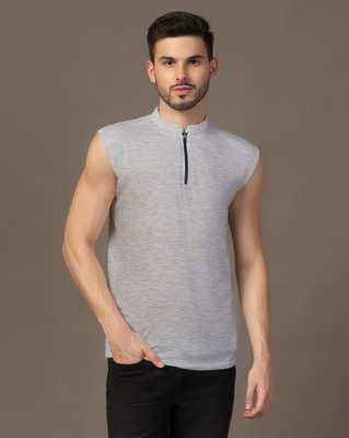 GEUM Solid Men Mandarin Collar Silver T-Shirt