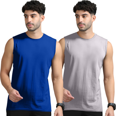 Jangoboy Solid Men Round Neck Dark Blue, Grey T-Shirt