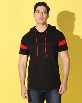 Restore Solid Men Hooded Neck Black T-Shirt