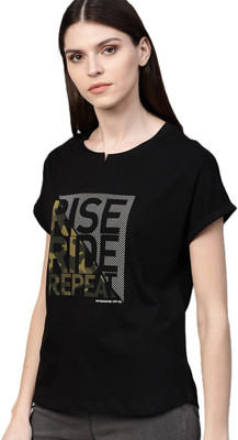 HOX10 Printed Women Round Neck Black T-Shirt