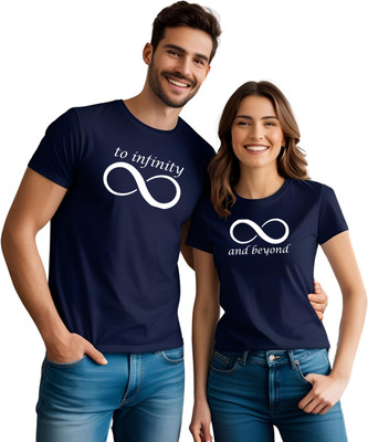 KART BLACK Printed Couple Round Neck Blue, White T-Shirt