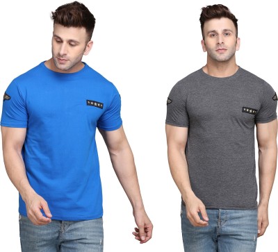 GEUM Solid Men Round Neck Blue, Grey T-Shirt