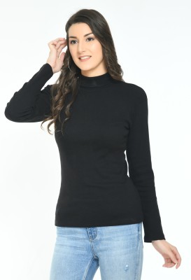 Viral Trend Solid Women High Neck Black T-Shirt