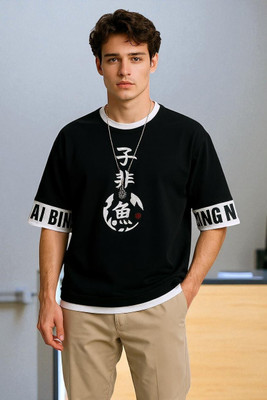 FASHIUM Printed Men Round Neck Black T-Shirt