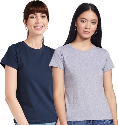 Omm Solid Women Round Neck Dark Blue, Grey T-Shirt