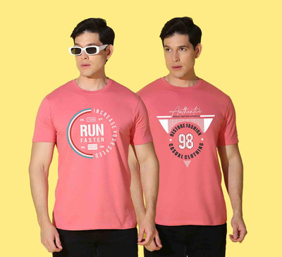 WOOSTRO Typography Men Round Neck Pink T-Shirt