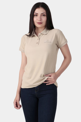 ANZEER Solid Women Polo Neck Beige T-Shirt