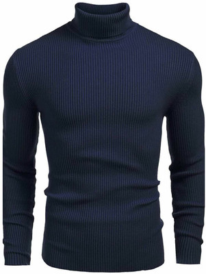 TRUST OUS Striped Men High Neck Navy Blue T-Shirt
