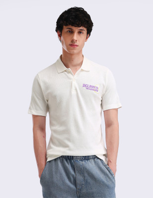 FLYING MACHINE Printed Men Polo Neck White T-Shirt
