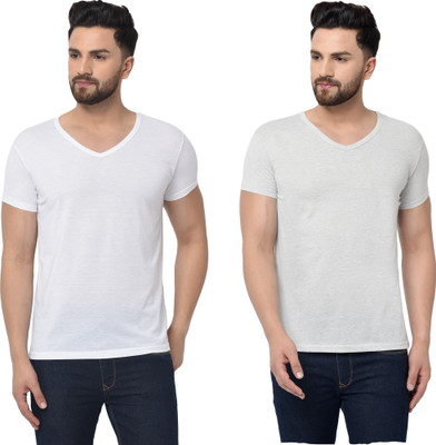 Adorbs Trend Solid Men V Neck White, Grey T-Shirt