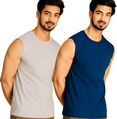 Adorbs Solid Men Round Neck Grey, Dark Blue T-Shirt