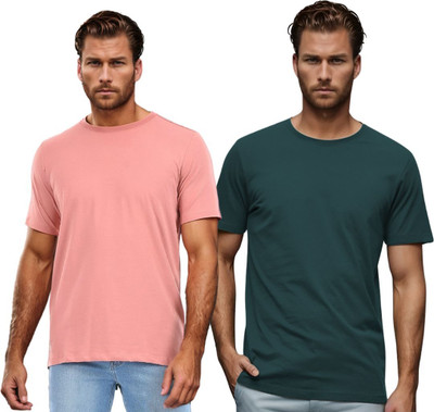 BlueFicus Solid Men Round Neck Pink, Dark Green T-Shirt