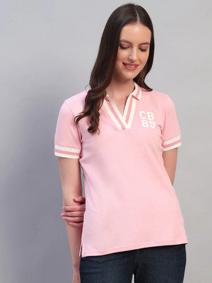 CANTABIL Solid Women Polo Neck Pink T-Shirt