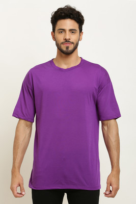 elegance redefined Solid Men Round Neck Purple T-Shirt