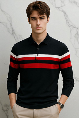 Autna Striped Men Polo Neck Black T-Shirt