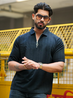 MANIAC Solid Men Polo Neck Dark Blue T-Shirt