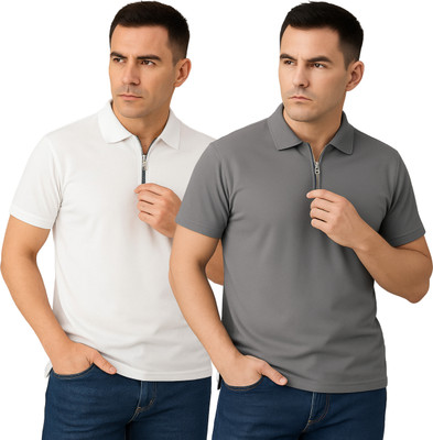 BLACK COOL Solid Men Polo Neck White, Grey T-Shirt