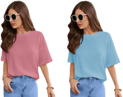 SriSaras Solid Women Round Neck Pink, Light Blue T-Shirt