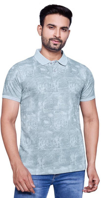 m2hit Printed Men Polo Neck Grey T-Shirt