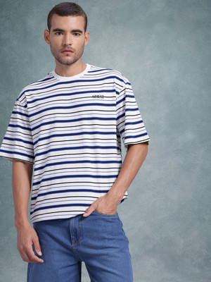 Roadster Striped Men Round Neck White T-Shirt