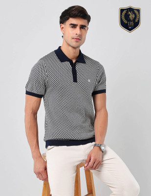 U.S. POLO ASSN. Self Design Men Polo Neck Blue, White T-Shirt