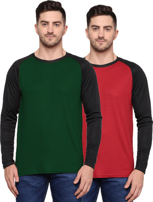 TQH Colorblock Men Round Neck Dark Green, Maroon T-Shirt