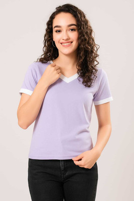 TQH Solid Women V Neck Purple T-Shirt