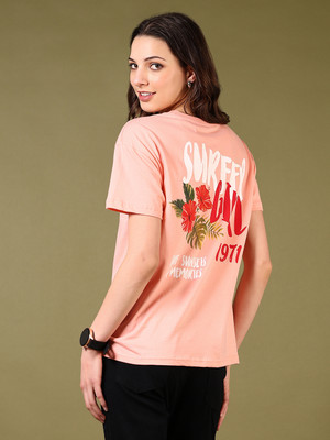 V-MART Printed Women Round Neck Pink T-Shirt